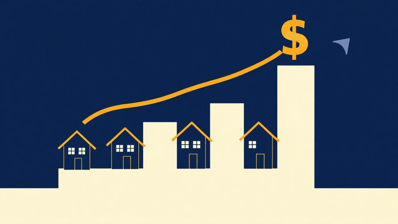 Rising bar chart made of houses with a gold dollar sign