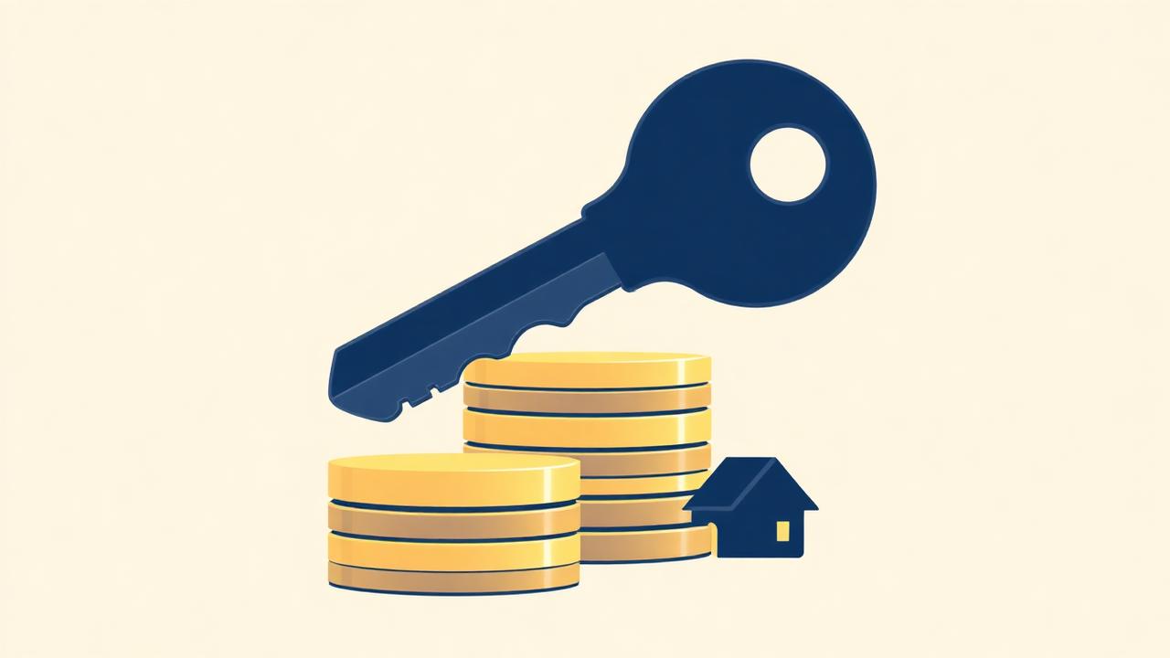 Key resting on stacked coins beside a small house