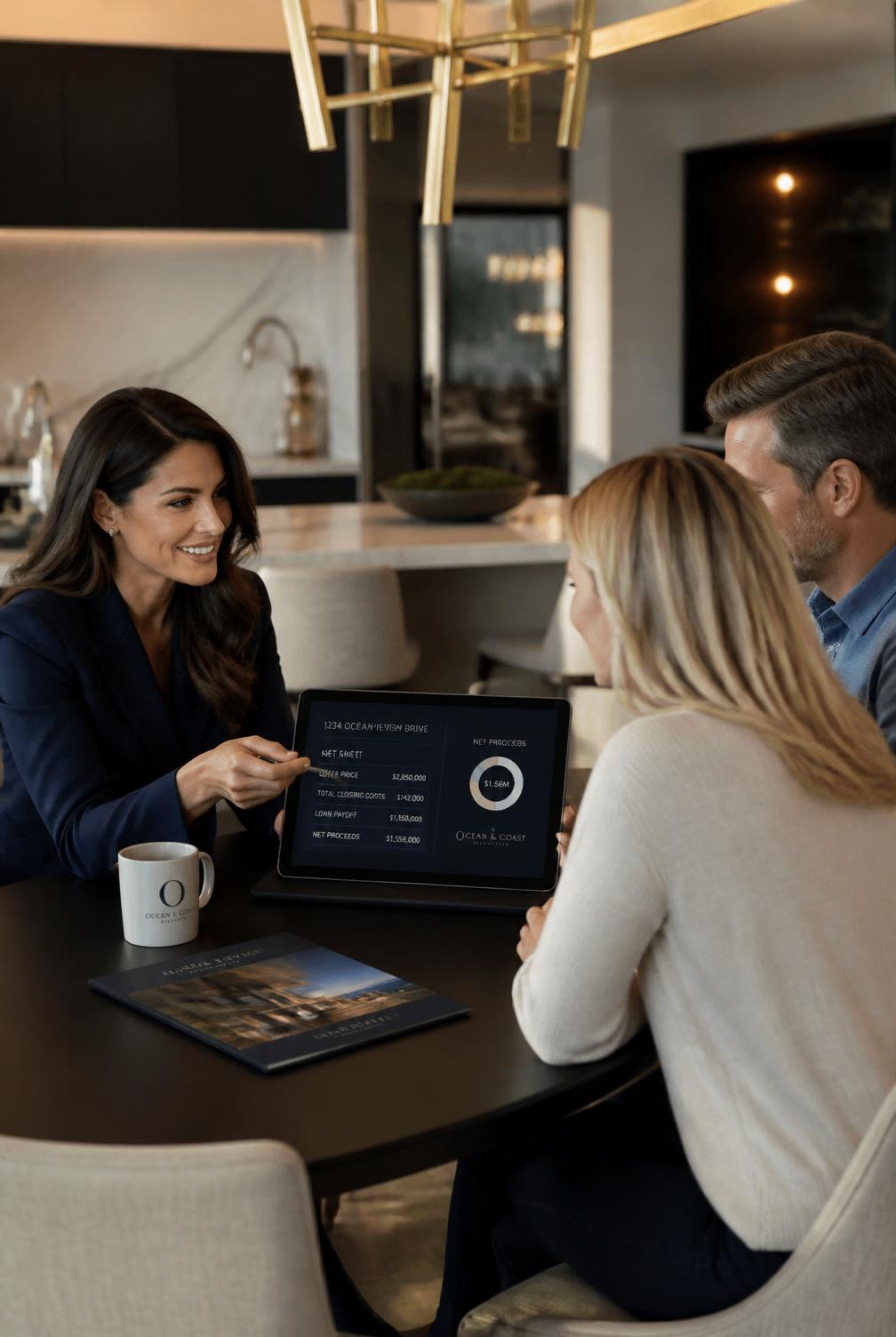 A real estate agent presenting a branded net sheet report to a seller couple